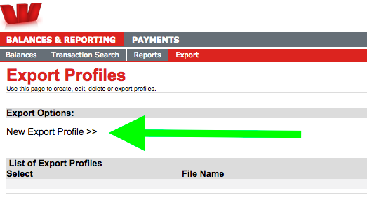 Westpac Business Online Banking create export profile screenshot
