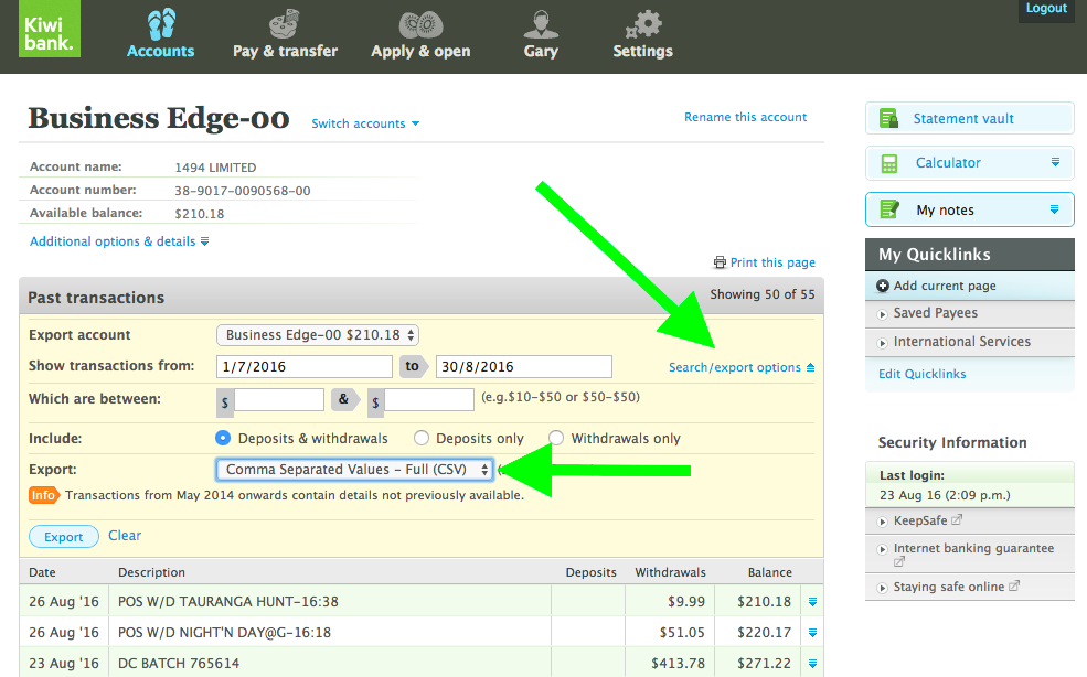 Kiwibank export select screenshot