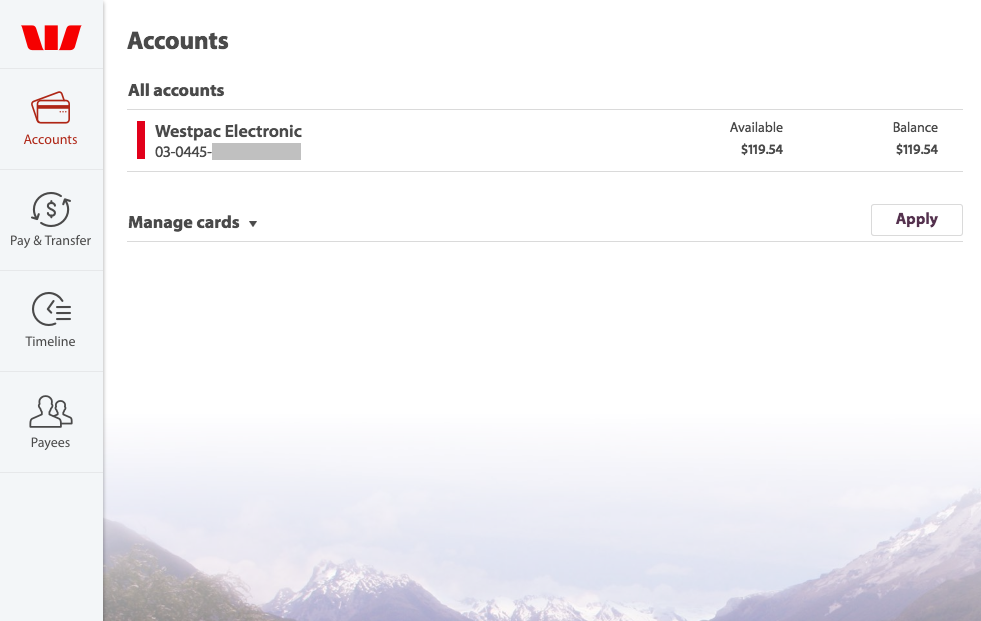 Westpac Personal Online Banking account select screenshot