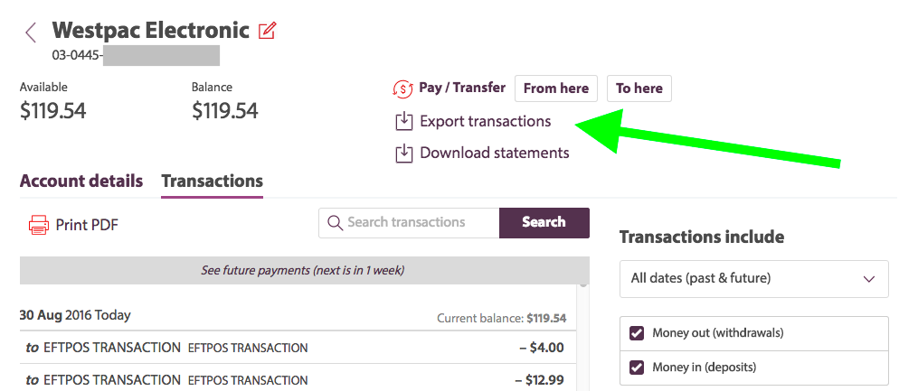 Westpac Personal Online Banking export transactions screenshot