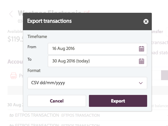 Westpac Personal Online Banking export options screenshot